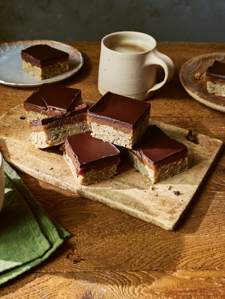 Tahini Flapjack, Date Caramel and Dark Chocolate Millionaires