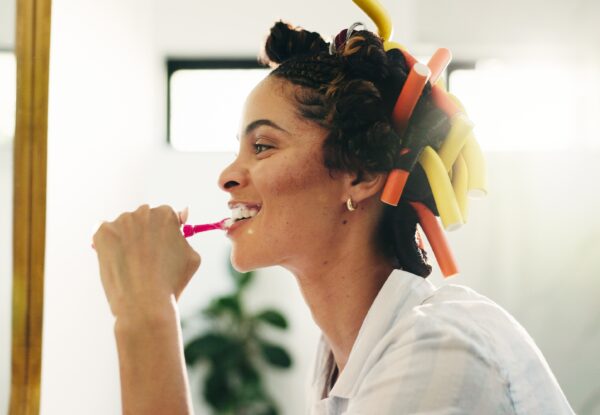 Dental,Wellness,,Brushing,Teeth,And,Happy,Woman,With,Mirror,For